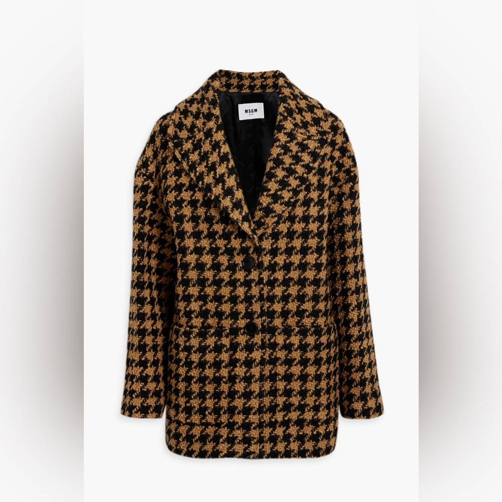 MSGM Houndstooth Wool Boucle Tweed Coat in Camel/Black